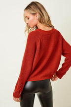 e Luna cozy knit lace-up sweater in rust color with stylish side laces and relaxed fit