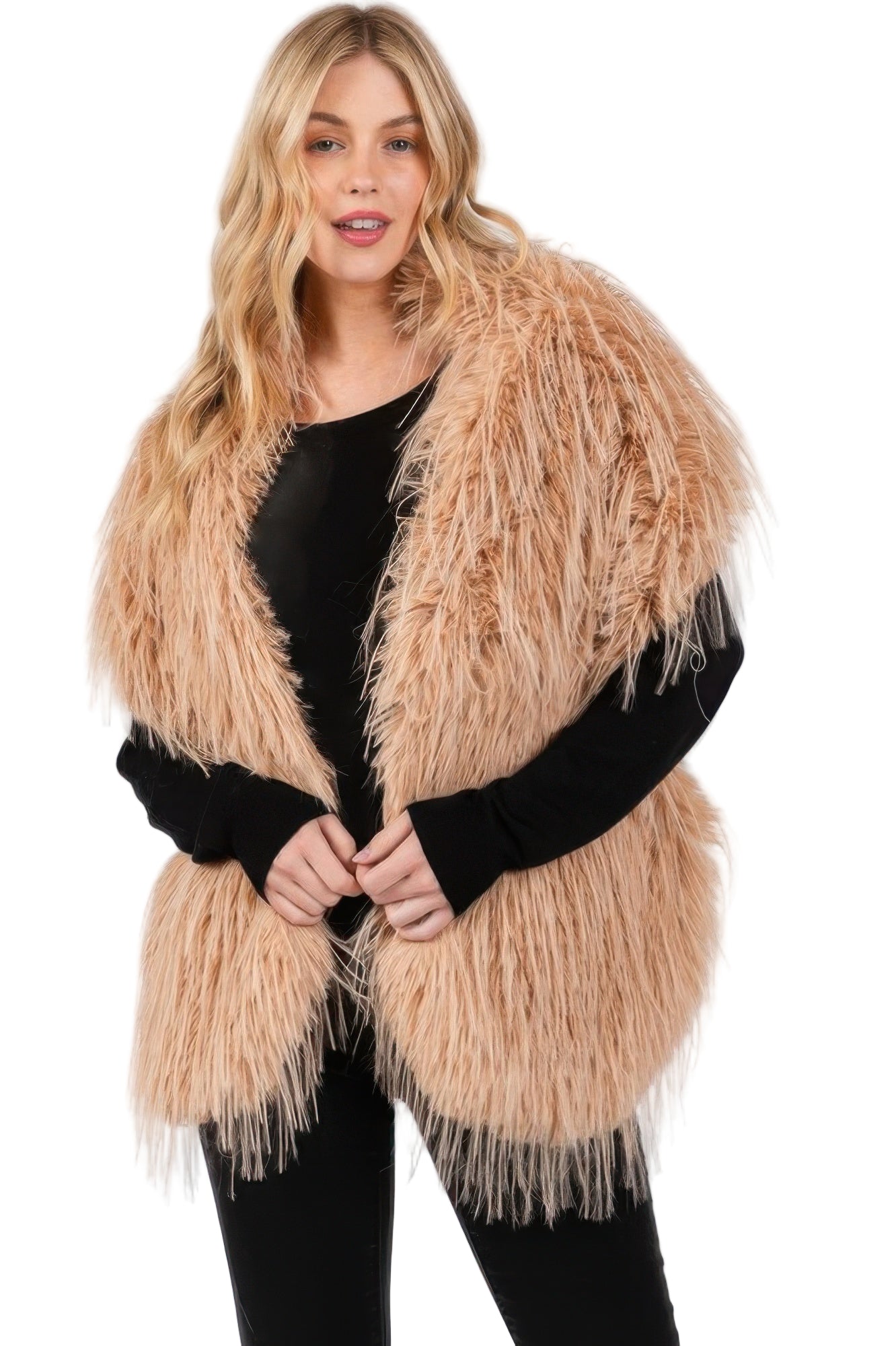 VacationGrabs womens camel shag coat with faux fur pull through shawl over black top