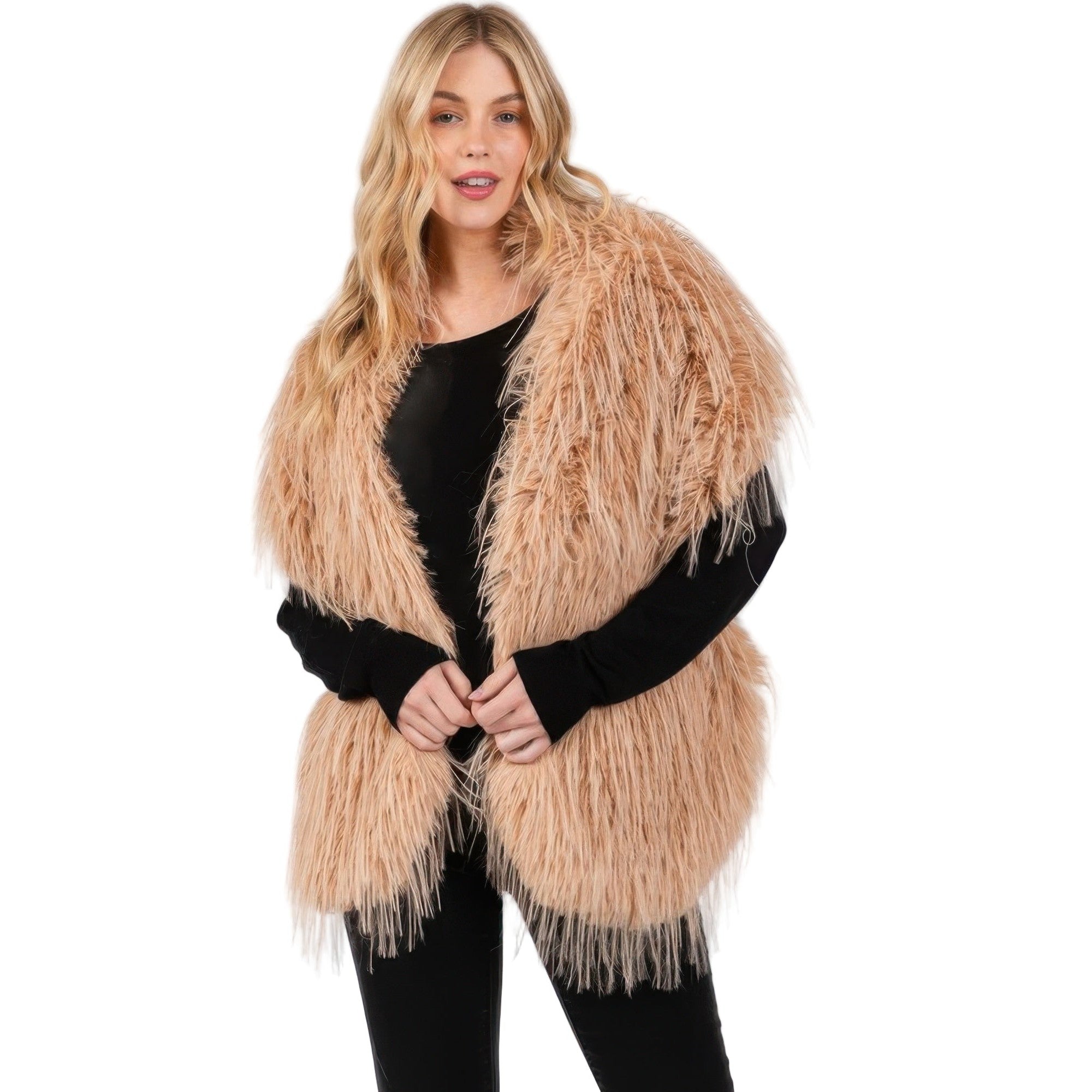 VacationGrabs womens camel shag coat with faux fur pull through shawl over black top