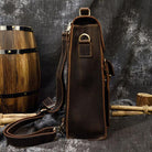 Side view of a crazy horse leather backpack 14 inch with adjustable strap, perfect for travel and daily use.