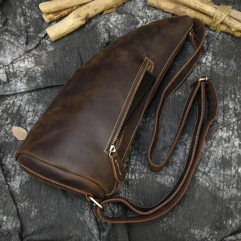 Brown crazy horse leather chest bag for casual outings