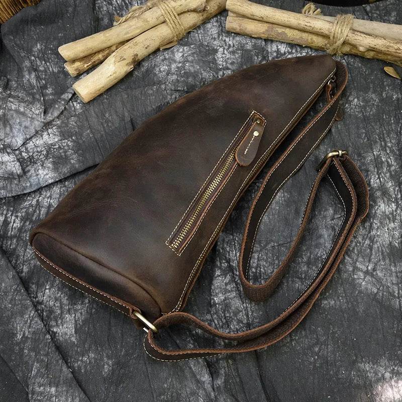 Crazy horse leather chest bag in dark brown, perfect for daily use