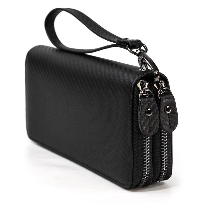 Sleek black crazy horse leather wallet with zippered compartments and wrist strap from VacationGrabs