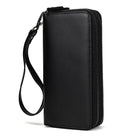 Sleek black crazy horse leather wallet with zipper and wrist strap for easy carrying