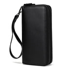 Sleek black crazy horse leather wallet with zipper and wrist strap for easy carrying