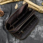 Interior view of a crazy horse leather wallet showcasing multiple compartments and a zipper closure