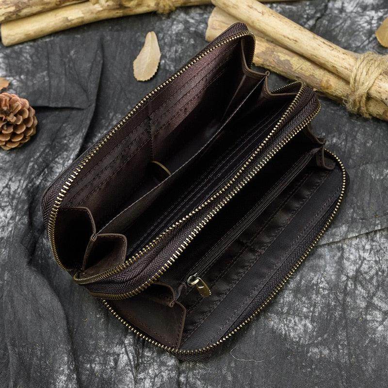 Interior view of a crazy horse leather wallet showcasing multiple compartments and a zipper closure