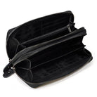 Interior view of a black crazy horse leather wallet with multiple compartments and card slots