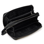 Interior view of a black crazy horse leather wallet with multiple compartments and card slots