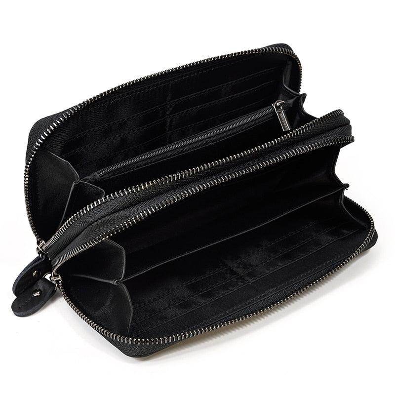 Interior view of a black crazy horse leather wallet with multiple compartments and card slots