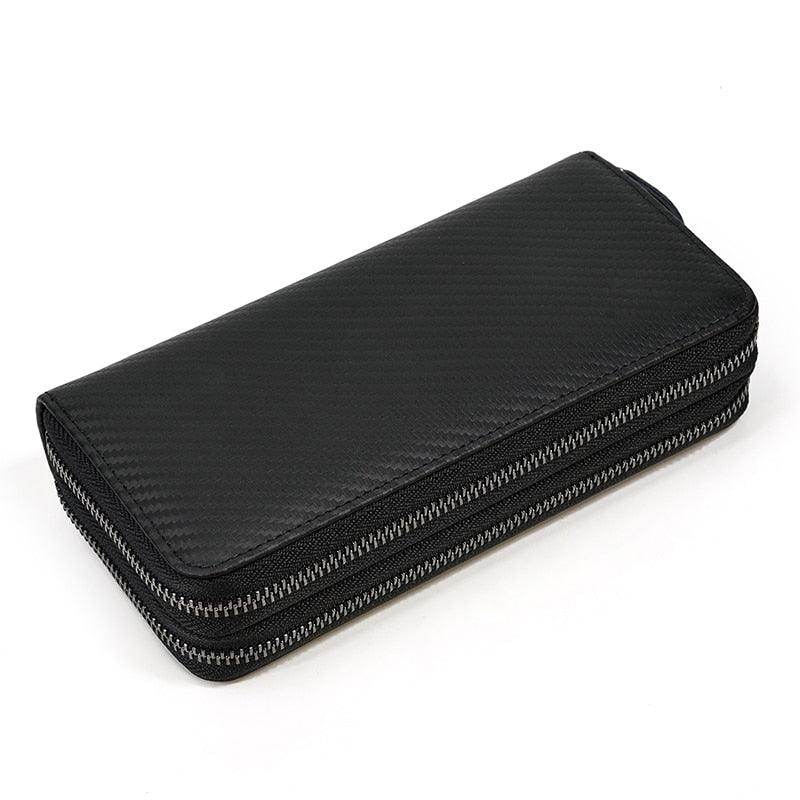 Stylish black crazy horse leather wallet with zip closure and sleek design for everyday use