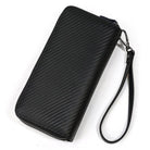 Stylish black crazy horse leather wallet with zipper and wrist strap for easy carrying