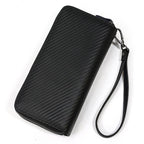 Stylish black crazy horse leather wallet with zipper and wrist strap for easy carrying