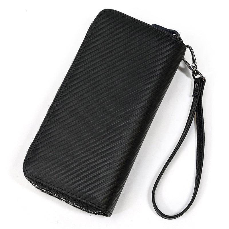 Stylish black crazy horse leather wallet with zipper and wrist strap for easy carrying
