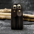 Close-up of a crazy horse leather wallet featuring double zippers for secure storage and durability