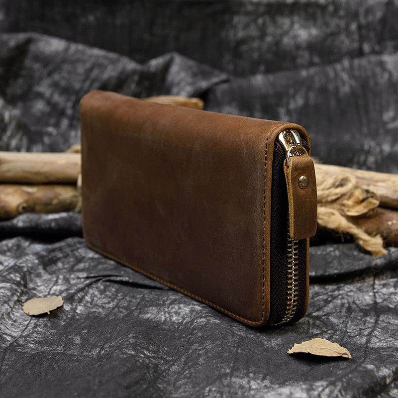 VacationGrabs crazy horse leather wallet in brown with zipper closure for secure storage