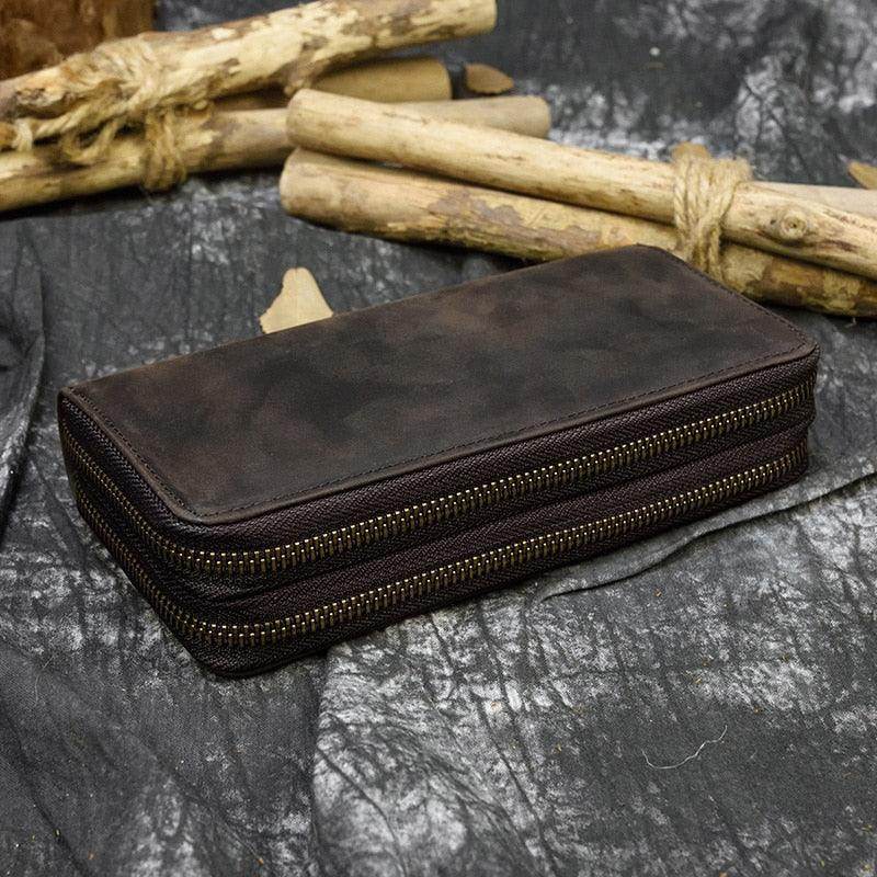 Crazy horse leather wallet by VacationGrabs with a zippered design for secure storage