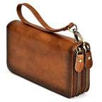 VacationGrabs crazy horse leather wallet in brown with a convenient wrist strap and double zipper design