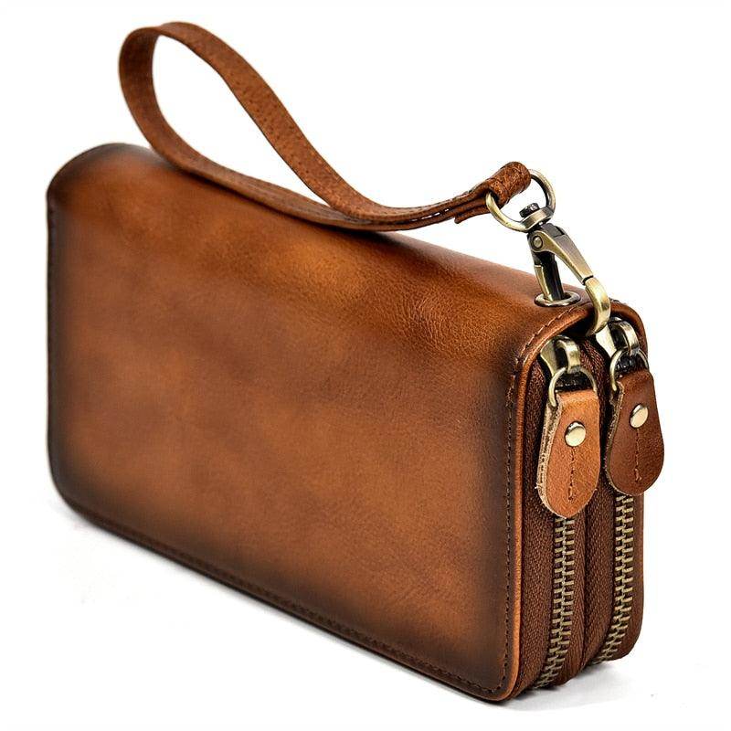 VacationGrabs crazy horse leather wallet in brown with a convenient wrist strap and double zipper design