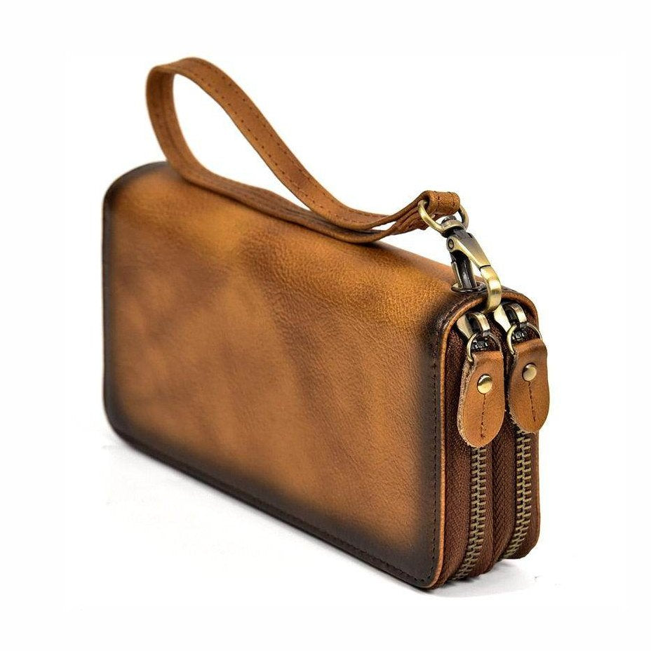 Crazy horse leather wallet by VacationGrabs with stylish zipper and wrist strap