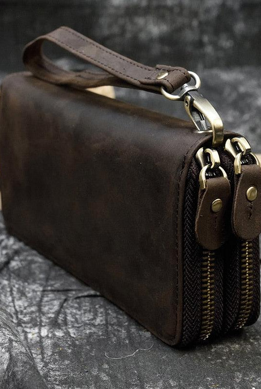 Men's Accessories Crazy Horse Leather Wallets For Men And Women Double Zipper