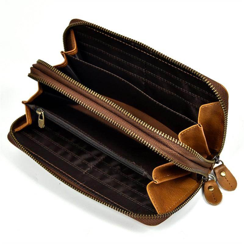 Crazy Horse Leather Wallets For Men And Women Double Zipper - VacationGrabs