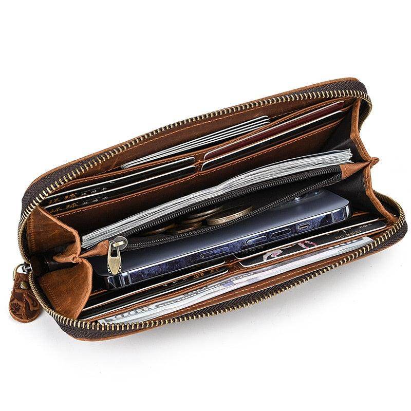 Crazy Horse Leather Wallets For Men And Women Double Zipper - VacationGrabs