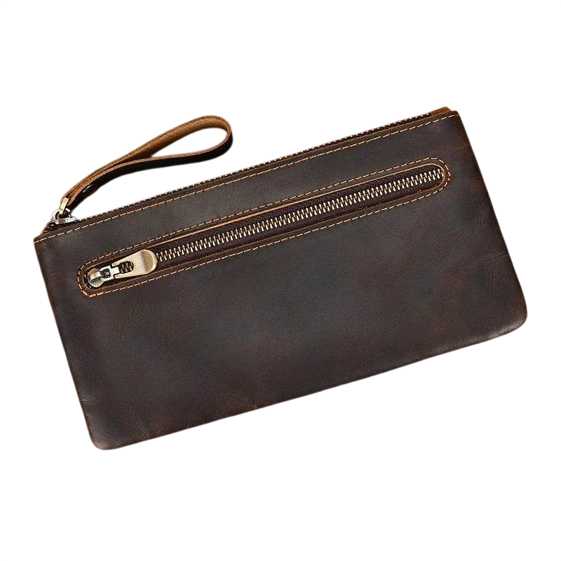 Crazy Horse Leather Zipper Wallet with Key Chain for Coins