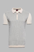 Cream Plaid Zippered Polo Knitted T-Shirt – front view