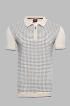 Cream Plaid Zippered Polo Knitted T-Shirt – front view