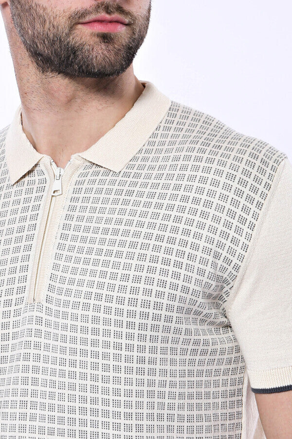 Cream Plaid Zippered Polo Knitted T-Shirt – side view