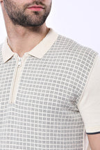 Cream Plaid Zippered Polo Knitted T-Shirt – side view