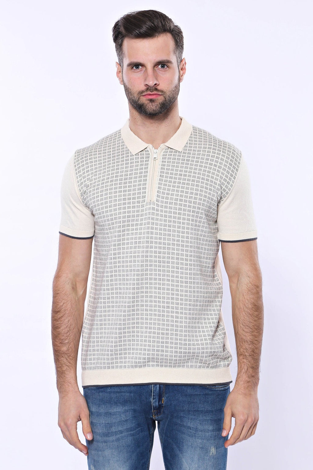 Cream Plaid Zippered Polo Knitted T-Shirt – styled view
