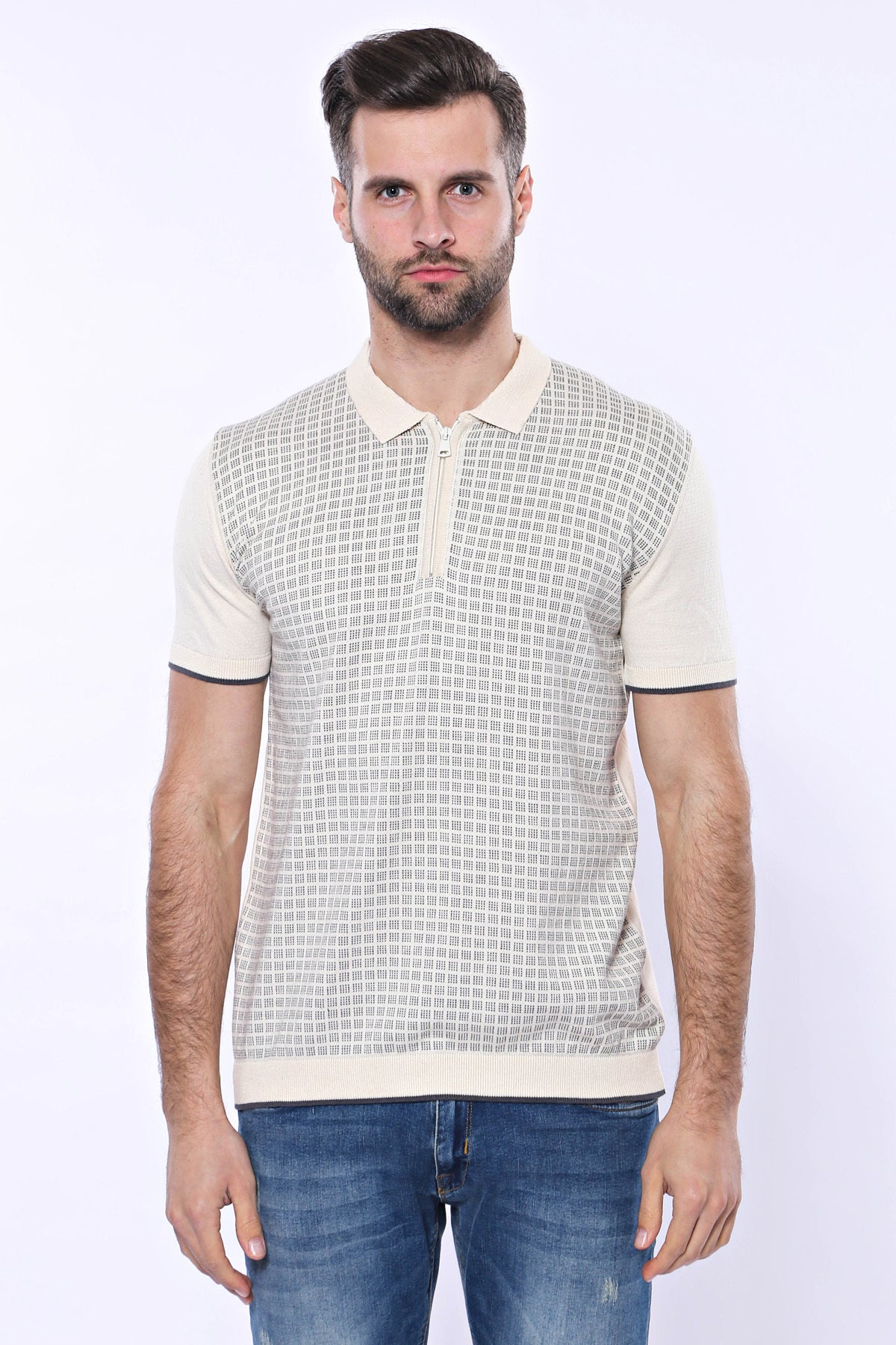 Cream Plaid Zippered Polo Knitted T-Shirt – styled view