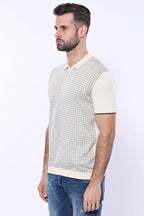 Cream Plaid Zippered Polo Knitted T-Shirt – close up view