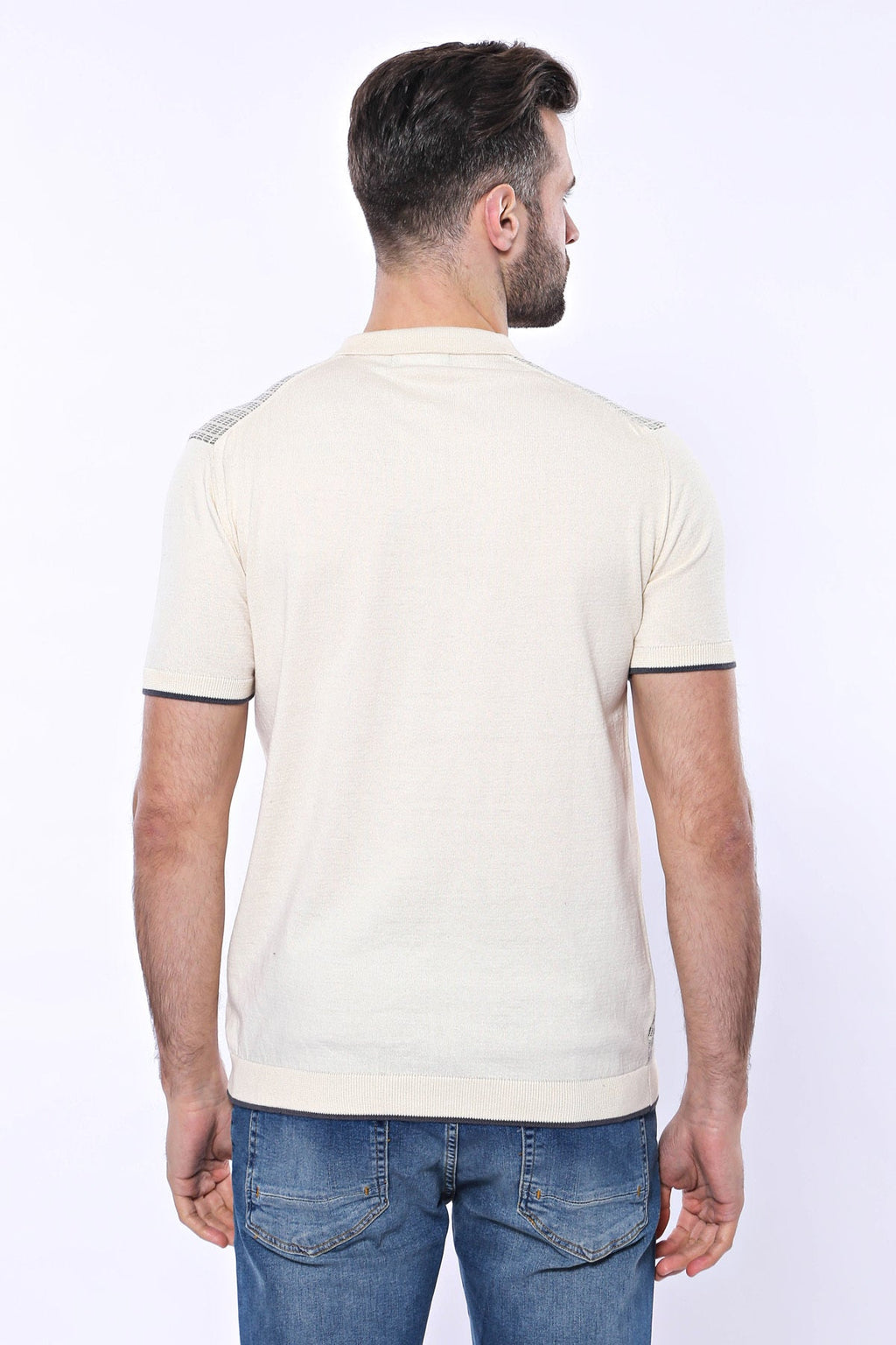Cream Plaid Zippered Polo Knitted T-Shirt – full look view