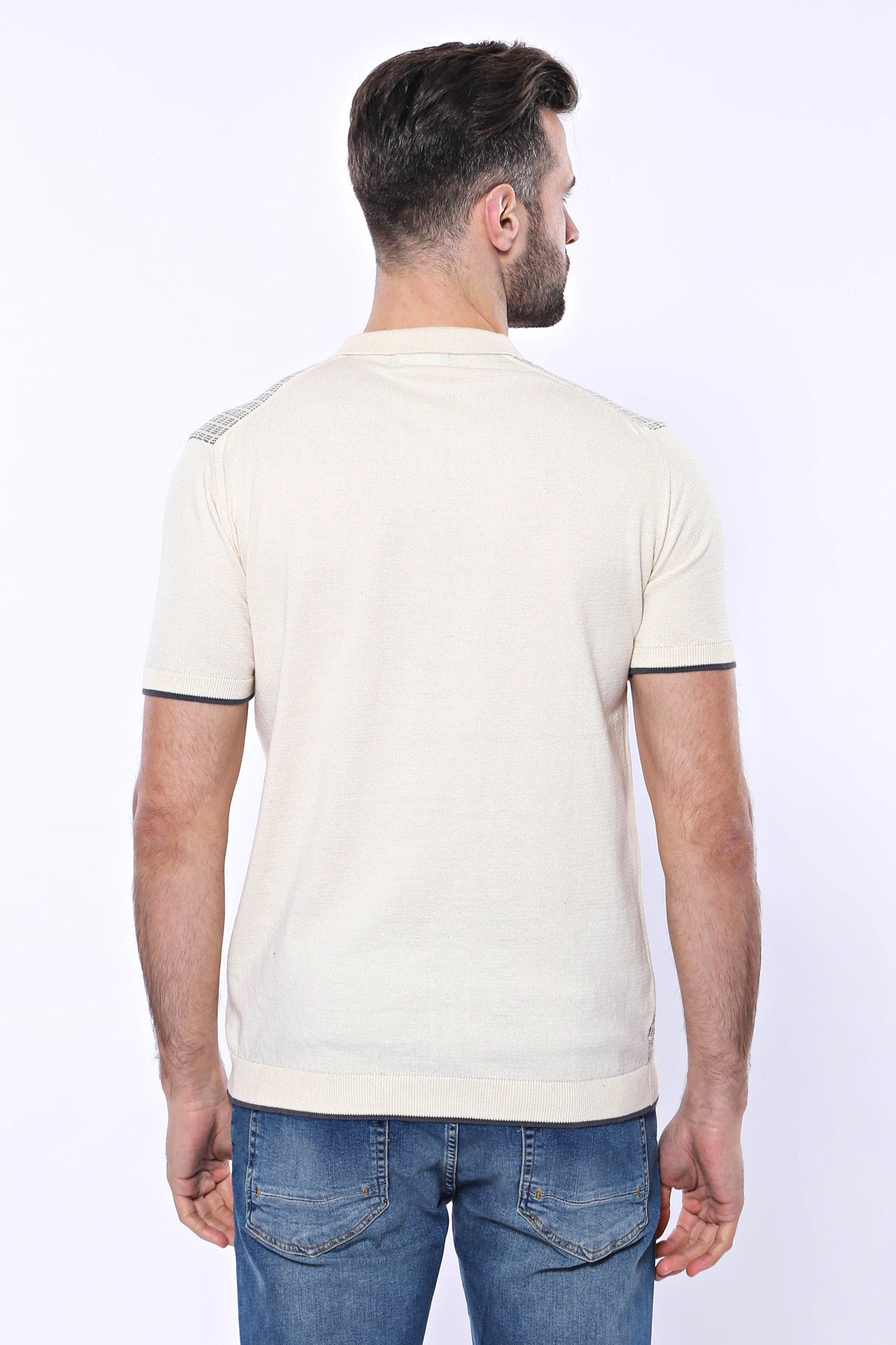 Cream Plaid Zippered Polo Knitted T-Shirt – full look view