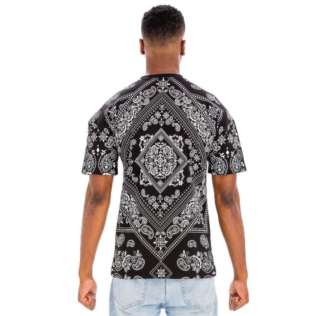 Men's crew neck printed t-shirt featuring a stylish black and white paisley design on the back