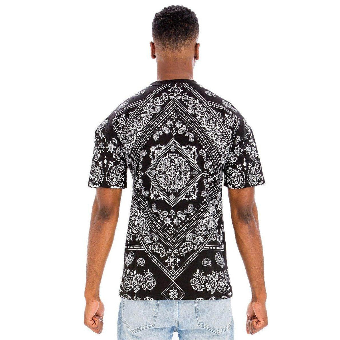 Men's crew neck printed t-shirt featuring a stylish black and white paisley design on the back