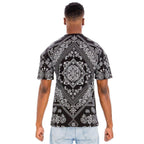 Men's crew neck printed t-shirt featuring a stylish black and white paisley design on the back