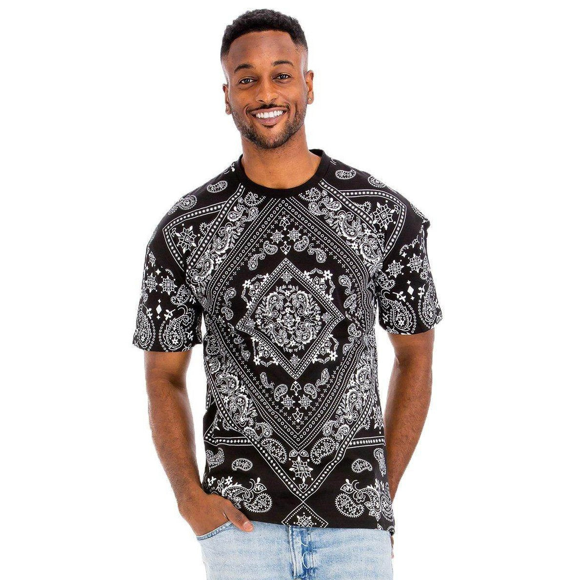 Men's crew neck printed t-shirt in black with intricate paisley design for casual wear