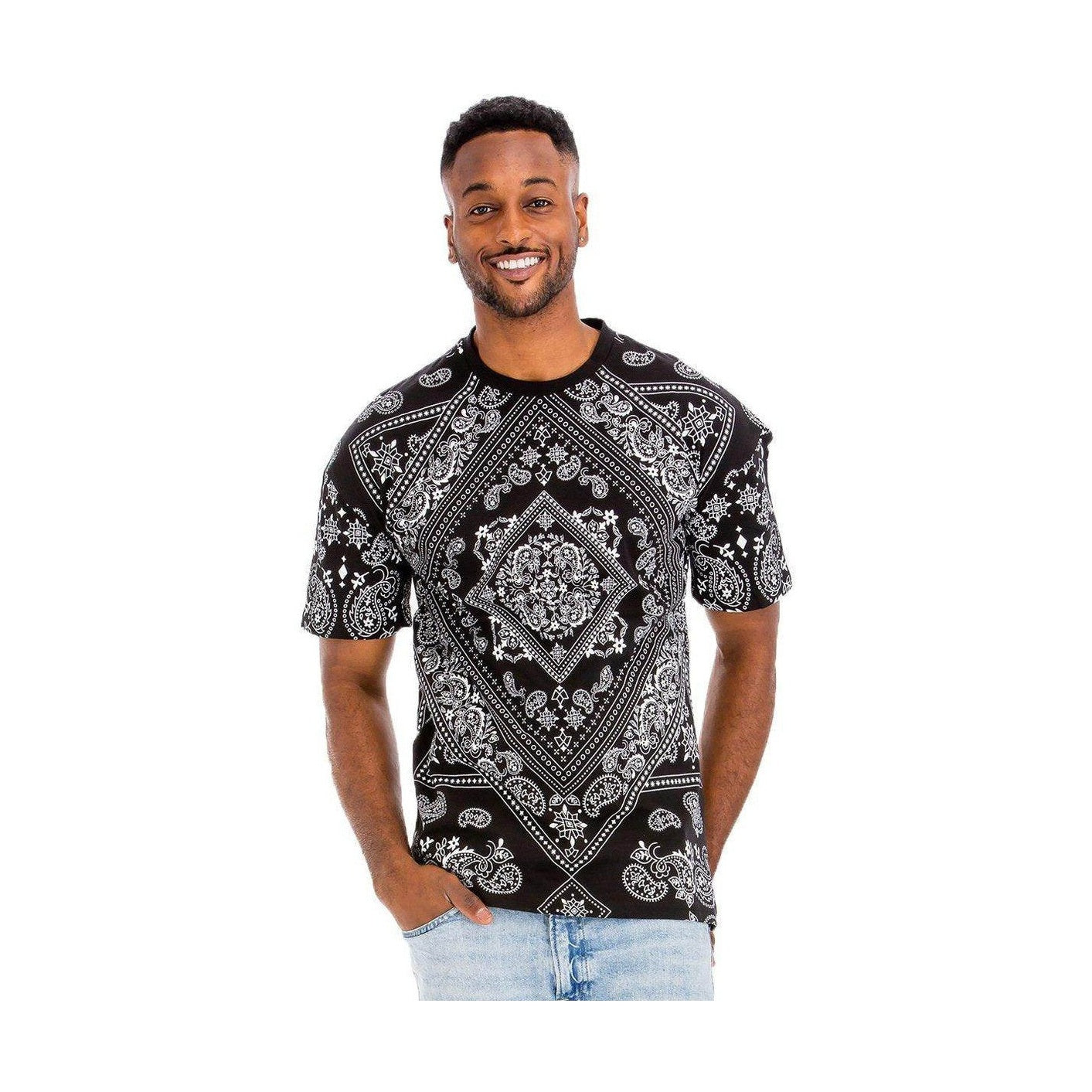 Men's crew neck printed t-shirt in black with intricate paisley design for casual wear