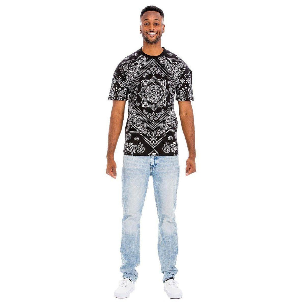 Men's crew neck printed t-shirt in black with intricate white designs for casual style