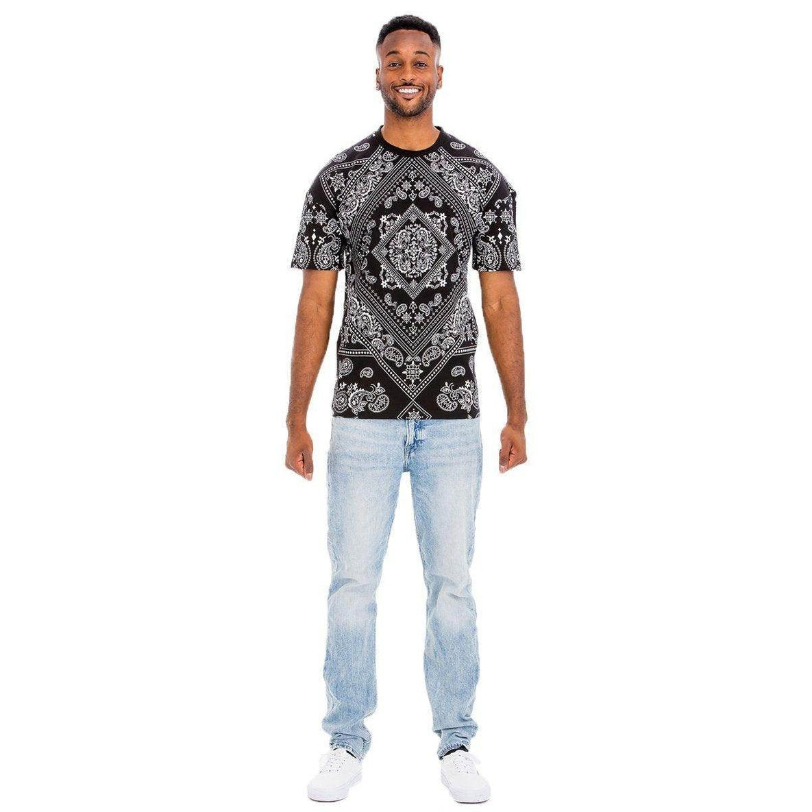 Men's crew neck printed t-shirt in black with intricate white designs for casual style