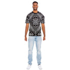 Men's crew neck printed t-shirt in black with intricate white designs for casual style