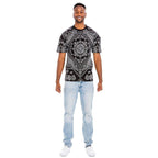 Men's crew neck printed t-shirt in black with intricate white designs for casual style