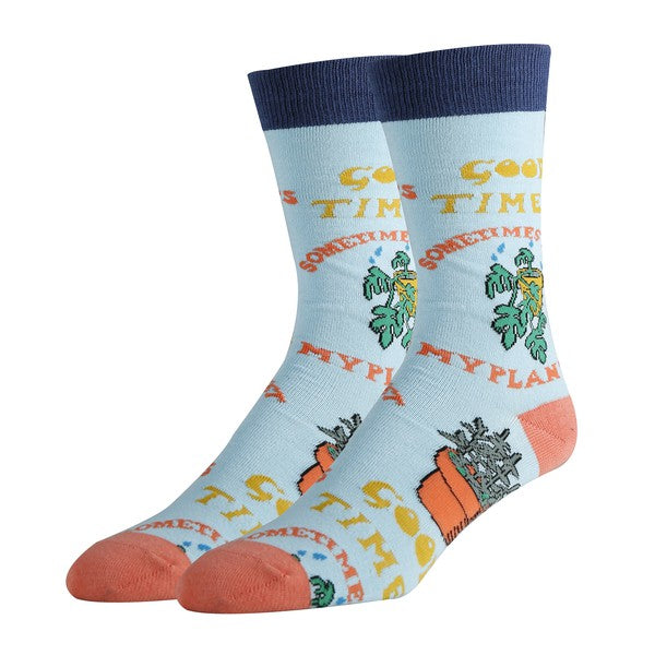 Light blue crew socks mens with fun cactus and text design