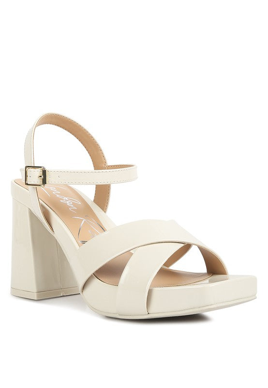 Women's criss cross block heel sandals in beige, stylish for summer outings