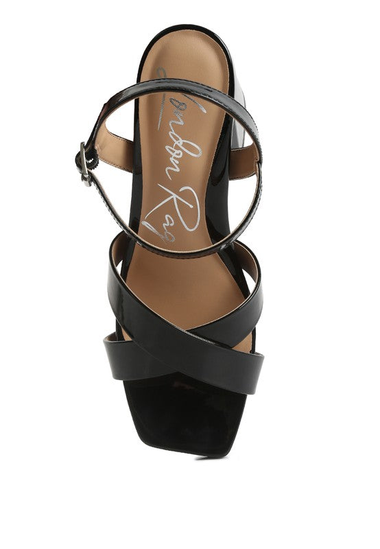 Women's black criss cross block heel sandals for stylish occasions