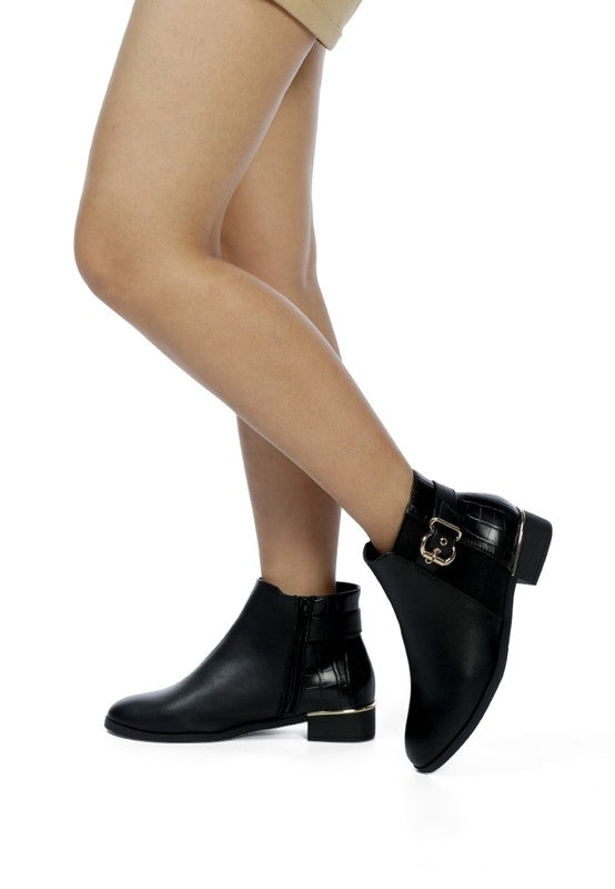 Stylish black croc detail ankle boot for women with decorative buckle and low heel